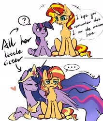 Size: 1748x2048 | Tagged: safe, artist:loopain625, twilight sparkle, ..., alicorn, chest fluff, comic, dialogue, duo, female, filly, filly twilight sparkle, floating heart, foal, g4, heart, height difference, hoof shoes, horn, imported from derpibooru, jewelry, lesbian, lying down, mare, older, older twilight, older twilight sparkle (alicorn), peytral, physique difference, pony, princess twilight 2.0, prone, regalia, role reversal, ship:sunsetsparkle, shipping, sitting, size difference, slender, speech bubble, sunset shimmer, sunset shimmer is not amused, tall, thin, unamused, unicorn, unicorn twilight, younger