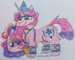 Size: 2147x1716 | Tagged: safe, artist:draconicdreamsart, alicorn, duo, female, filly, filly cadance, foal, g4, imported from derpibooru, mother and child, pony, princess amore, princess cadance, tongue out, traditional art, young cadance, younger