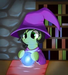 Size: 1176x1303 | Tagged: safe, artist:neuro, oc, oc:filly anon, crystal ball, earth pony, female, filly, foal, hat, imported from derpibooru, indoors, meme, oc only, pondering my orb, pony, smiling, solo, wizard hat