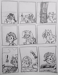 Size: 2296x2968 | Tagged: safe, artist:pony quarantine, oc, oc:dyx, oc:filly anon, oc:nyx, series:pq funnies, alicorn, censor bar, censored, censored penis, comic, comic strip, drink, drinking, drinking straw, earth pony, eating, eyes closed, female, filly, foal, food, grayscale, grill, grilling, hoof hold, imported from derpibooru, juice, juice box, lasagna, levitation, licking, licking lips, magic, monochrome, mouth hold, oc only, pasta, pencil drawing, pony, salad, sandcastle, smiling, spatula, telekinesis, tongue out, traditional art, trio, trio female, trowel, wet