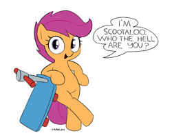 Size: 742x603 | Tagged: safe, artist:caraloh, scootaloo, bart simpson, bipedal, bipedal leaning, dialogue, eye clipping through hair, female, filly, foal, g4, imported from derpibooru, leaning, looking at you, open mouth, open smile, pegasus, pony, scooter, signature, simple background, simpsons did it, smiling, smiling at you, solo, speech bubble, white background
