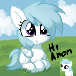 Size: 2000x2000 | Tagged: safe, artist:hotwater, cotton cloudy, cute, female, filly, foal, g4, grass, imported from derpibooru, looking at you, lying down, outdoors, pegasus, pony, ponyloaf, prone, sky, smiling, smiling at you, solo