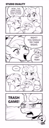 Size: 2695x7016 | Tagged: safe, artist:norisle, button mash, sweetie belle, comic:video game is magic, ..., colt, comic, controller, duo, duo male and female, earth pony, female, filly, foal, g4, glowing, glowing horn, horn, imported from derpibooru, lineart, magic, male, pony, unicorn