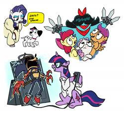 Size: 1810x1660 | Tagged: safe, artist:fimflamfilosophy, apple bloom, rarity, scootaloo, sweetie belle, twilight sparkle, 101 dalmatians, aqua (deltarune), crossover, cutie mark crusaders, dalmatian, deltarune, dialogue, dog, earth pony, female, filly, foal, fur coat, g4, goggles, grin, hoof hold, horn, imported from derpibooru, kolossos, mad scientist, male, mare, mentally advanced series, open mouth, pegasus, pony, puppy, smiling, sonic the hedgehog (series), sonic.exe, speech bubble, thrackerzod, unicorn, unicorn twilight