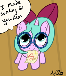 Size: 2062x2380 | Tagged: safe, artist:pinkiepieislove, oc, oc:pumpkinsprout, bow, cute, daaaaaaaaaaaw, drawing, female, filly, foal, glasses, hair bow, horn, imported from derpibooru, looking at you, looking up, looking up at you, oc only, pony, speech bubble, text, unicorn