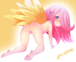 Size: 1280x1037 | Tagged: explicit, artist:born-to-die, fluttershy, anus, ass, banned from derpibooru, blushing, breasts, butt, butterfly, crying, cute, cute porn, dead source, delicious flat chest, feet, female, hair ornament, human, humanized, imported from twibooru, lolicon, looking at you, nudity, sad, solo, solo female, underage, vagina, vulva, winged humanization, wings