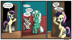 Size: 1920x1080 | Tagged: safe, artist:zack studios, oc, oc:bright rally, 3 panel comic, bon bon, colt, comic, couch, earth pony, female, foal, g4, horn, imported from derpibooru, indoors, lesbian, lyra heartstrings, magical lesbian spawn, male, mare, mother and child, mother and son, neckerchief, offspring, on couch, pegasus, pegasus oc, ship:lyrabon, shipping, sitting like a human, spanish, spanish text, sweetie drops, unicorn