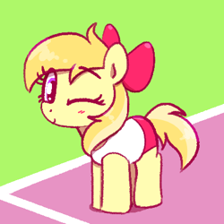 Size: 414x414 | Tagged: safe, artist:algoatall, blushing, bow, buruma, clothes, earth pony, female, filly, foal, g4, grass, hair bow, imported from derpibooru, looking at you, noi, one eye closed, outdoors, pony, red bow, red buruma, shirt, smiling, smiling at you, solo, white shirt, wink