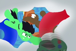 Size: 1200x800 | Tagged: safe, button mash, oc, oc:colt anon, anonymous artist, cloud, cloudsdale, colt, diving, duo, duo male, earth pony, falling, foal, frown, g4, gritted teeth, imported from derpibooru, indoors, inner tube, joy boy, lineless, looking at something, looking down, low angle, male, narrowed eyes, no pupils, outstretched hoof, pinpoint eyes, pony, pool toy, reaching, tail, teeth, weather factory, wide eyes, windswept mane, windswept tail