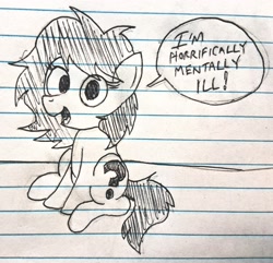 Size: 2843x2736 | Tagged: safe, artist:dhm, oc, oc:filly anon, abstract background, cute, female, filly, foal, funny, happy, imported from derpibooru, lined paper, looking at you, mental illness, monochrome, pen drawing, pencil drawing, pony, sitting, smiling, solo, speech bubble, text, traditional art