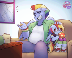 Size: 2560x2048 | Tagged: safe, artist:xconito, rainbow dash, anthro, ball, band-aid, blush sticker, blushing, bow hothoof, cross-popping veins, duo focus, elbow pads, emanata, eyes closed, father and child, father and daughter, female, filly, filly rainbow dash, floppy ears, foal, g4, grin, hand on head, high res, imported from derpibooru, indoors, knee pads, male, my little sombra: resistance is magic, offscreen character, pegasus, sitting, smiling, sweat, sweatdrop, trio, unguligrade anthro, younger