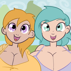 Size: 750x750 | Tagged: suggestive, artist:moronsonofboron, aura (character), aura (g4), aurabetes, banned from derpibooru, big breasts, bra, breasts, busty aura, busty noi, clothes, cute, duo, female, g4, huge breasts, human, humanized, imported from twibooru, impossibly large breasts, lolicon, noi, noiabetes, open mouth, open smile, oppai loli, outdoors, shirt, smiling, underage, underwear