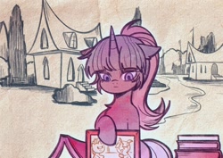 Size: 2263x1600 | Tagged: safe, artist:tkotu434, starlight glimmer, book, female, filly, filly starlight glimmer, foal, g4, horn, imported from derpibooru, mare, picture, pony, sad, sire's hollow, solo focus, sunburst, unicorn, younger