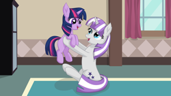 Size: 9600x5400 | Tagged: safe, artist:cyanlightning, twilight sparkle, .svg available, absurd resolution, carrying, cute, female, filly, filly twilight sparkle, foal, g4, horn, imported from derpibooru, indoors, looking at each other, looking at someone, mama velvet, mare, mother and child, mother and daughter, open mouth, open smile, pony, sitting, smiling, twiabetes, twilight velvet, unicorn, vector, velvetbetes, window, younger