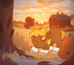 Size: 700x611 | Tagged: safe, artist:theamurite, oc, oc:acres, barn, blank flank, butterfly, cloud, coat markings, colt, cute, detailed background, earth pony, earth pony oc, fence, foal, imported from derpibooru, looking up, male, messy mane, oc only, outdoors, pony, socks (coat markings), tree, unshorn fetlocks, water, young