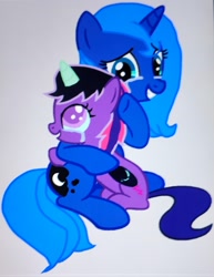 Size: 1720x2232 | Tagged: safe, artist:oumirot, princess luna, twilight sparkle, oc, oc:myx, alicorn, female, filly, foal, g4, imported from derpibooru, midnight sparkle, oc only, photo, picture of a screen, pony, s1 luna, sci-twi, solo, young luna, younger