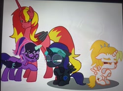 Size: 3826x2835 | Tagged: safe, artist:oumirot, twilight sparkle, oc, oc:dyx, oc:myx, oc:nyx, oc:satyx, alicorn, alicorn oc, angry, colored wings, female, filly, foal, g4, glasses, horn, imported from derpibooru, oc only, older, picture of a screen, pony, sad, sci-twi, sunset satan, sunset shimmer, wings