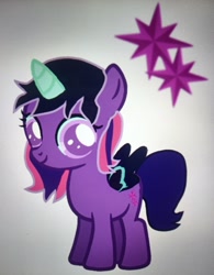 Size: 2622x3363 | Tagged: safe, artist:oumirot, twilight sparkle, oc, oc:myx, alicorn, alicorn oc, equestria girls ponified, female, filly, foal, g4, horn, imported from derpibooru, midnight sparkle, oc only, photo, picture of a screen, ponified, pony, sci-twi, wings