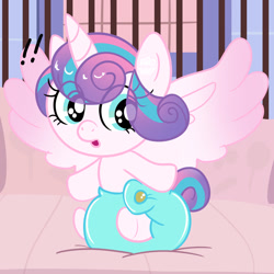 Size: 1280x1280 | Tagged: safe, artist:uniamoon, princess flurry heart, alicorn, baby, baby pony, cloth diaper, commission, crib, cute, diaper, exclamation point, eye clipping through hair, female, filly, flurrybetes, foal, g4, imported from derpibooru, lightly watermarked, open mouth, pony, poofy diaper, show accurate, sitting, solo, spread wings, watermark, wings