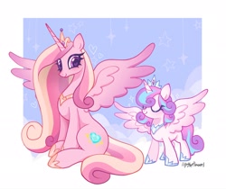 Size: 2048x1724 | Tagged: safe, artist:lilytheflowerl, princess flurry heart, alicorn, crown, cute, cutedance, eyes closed, female, filly, filly flurry heart, flurrybetes, foal, g4, heart, heart eyes, hoof shoes, imported from derpibooru, jewelry, mare, mother and child, mother and daughter, older, older flurry heart, pony, princess cadance, regalia, smiling, spread wings, wingding eyes, wings