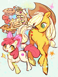 Size: 1440x1920 | Tagged: safe, artist:youru52715, apple bloom, applejack, :d, abstract background, apple, apple pie, apple sisters, bow, cowboy hat, earth pony, female, filly, foal, food, g4, hair bow, hat, imported from derpibooru, looking at each other, looking at someone, mare, open mouth, open smile, pancakes, pie, pink bow, pony, siblings, sisters, smarty pants, smiling, stars