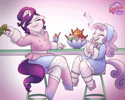 Size: 2560x2048 | Tagged: safe, artist:xconito, rarity, sweetie belle, anthro, boots, clapping, clothes, dress, duo, eyebrows, eyebrows visible through hair, female, filly, foal, food, g4, horn, ice cream, imported from derpibooru, money, open mouth, open smile, shivering, shoes, siblings, sisters, skirt, smiling, sundae, sweat, unguligrade anthro, unicorn