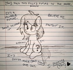 Size: 956x919 | Tagged: safe, artist:dhm, oc, oc:filly anon, 4chan, abstract background, cute, earth pony, female, filly, foal, heart, imported from derpibooru, inspirational, lined paper, marker drawing, mixed media, monochrome, movie reference, pen drawing, pencil drawing, pony, scent of a woman, sitting, sketch, solo, source needed, talking to viewer, text, traditional art