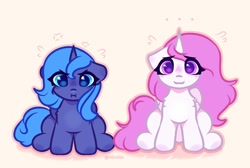 Size: 1874x1256 | Tagged: safe, artist:nicxila, princess celestia, princess luna, ..., blushing, cewestia, cross-popping veins, duo, emanata, eye clipping through hair, female, filly, filly luna, foal, g4, imported from derpibooru, looking at you, pink-mane celestia, pony, royal sisters, s1 luna, scrunchy face, siblings, simple background, sisters, smiling, smiling at you, sweat, sweatdrop, woona, younger