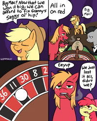 Size: 1080x1350 | Tagged: safe, artist:glompsalot, apple bloom, applejack, oc, apple bloom's bow, applejack's hat, bag, big macintosh, bow, cigar, comic, cowboy hat, dialogue, earth pony, female, filly, foal, g4, gambling, hair bow, hat, imported from derpibooru, male, mare, money, money bag, pony, roulette, smiling, smoking, speech bubble, stallion