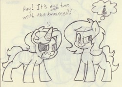 Size: 1302x937 | Tagged: safe, artist:unitxxvii, oc, oc:dyx, oc:filly anon, alicorn, dialogue, duo, duo female, earth pony, female, filly, foal, imported from derpibooru, monochrome, oc only, open mouth, pen drawing, pony, question mark, thought bubble, traditional art, wingless, wingless alicorn