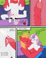Size: 1915x2440 | Tagged: explicit, artist:tolpain, sweetie belle, comic:happy birthday: the afterparty, anthro, banned from derpibooru, big mcintosh, blushing, breasts, clitoris, comic, cum, cumming, defloration, dialogue, female, heart, imported from twibooru, lolicon, male, nipples, nudity, pillow, sex, shipping, snuggling, straight, sweetiemac, underage, vagina, virgin, vulva