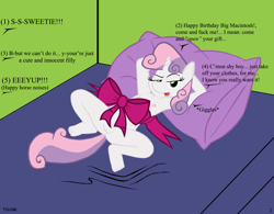 Size: 2376x1856 | Tagged: explicit, artist:tolpain, sweetie belle, comic:happy birthday: the afterparty, anthro, banned from derpibooru, barefoot, big mcintosh, breasts, colored, comic, descriptive noise, dialogue, dreamworks face, edit, feet, female, horse noises, imported from twibooru, lolicon, male, nudity, pillow, shipping, straight, sweetiemac, underage, vulva