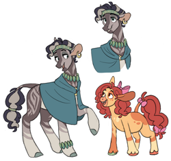 Size: 2437x2287 | Tagged: safe, artist:baylard, apple bloom, alternate design, bow, cloak, clothes, duo, duo female, ear piercing, earring, earth pony, female, filly, foal, g4, high res, imported from derpibooru, jewelry, leonine tail, mare, mismatched hooves, open mouth, open smile, piercing, pony, simple background, smiling, tail, tail bow, unshorn fetlocks, white background, zebra, zecora