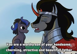 Size: 2025x1426 | Tagged: safe, artist:amanecerlobo, oc, closed mouth, colt, crown, duo, duo male, eyes closed, fangs, father and child, father and son, foal, g4, grass, holding a pony, horn, imported from derpibooru, jewelry, king sombra, looking at someone, male, misspelling, no catchlights, offspring, open mouth, outdoors, parent:king sombra, parent:radiant hope, parents:hopebra, pony, regalia, sky, smol, sombra crown, sombra's cape, stallion, talking, teeth, text, umbrum, unicorn