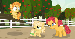 Size: 1600x839 | Tagged: safe, artist:starvelvetyt, oc, oc:apple gala, oc:jackeline green, oc:johnny appleseed, apple, apple tree, colt, earth pony, female, fence, filly, foal, imported from derpibooru, male, oc only, offspring, outdoors, parent:applejack, parent:caramel, parents:carajack, pony, siblings, tree