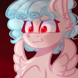 Size: 1280x1280 | Tagged: safe, artist:miaaqua, antagonist, cozy glow, dark, ear fluff, evil, evil smile, female, filly, foal, g4, gradient background, imported from derpibooru, mare, pegasus, pony, red eyes, smiling, solo, wings