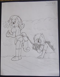 Size: 1944x2476 | Tagged: suggestive, artist:tolpain, sweetie belle, anthro, assisted exposure, banned from derpibooru, bush, clothes, imported from twibooru, juice, juice box, lolicon, monochrome, panties, pipsqueak, sketch, skirt, skirt lift, stick, traditional art, underage, underwear, upskirt