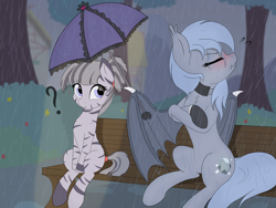 Size: 4000x3000 | Tagged: safe, artist:local sugar provider, oc, oc:evening silvershade, accessory, bat pony, bat wings, bench, blurry background, blushing, bush, clothes, crossed arms, cute, eyes closed, female, filly, foal, frills, frown, gloves, hoof gloves, houses, imported from derpibooru, kindness, mountain, oc only, outdoors, pony, ponytail, ponyville, question mark, rain, raised head, scrunchy face, sitting, stripes, tail, tail wrap, tree, tsundere, two toned mane, umbrella, water, wet, wet mane, wing hold, wings, zebra