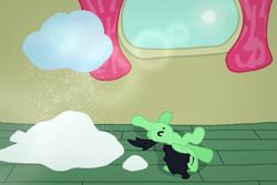 Size: 1200x800 | Tagged: safe, oc, oc:filly anon, anonymous artist, cloud, curtains, earth pony, eyes closed, female, filly, foal, g4, heat, hot weather, imported from derpibooru, indoors, lens flare, lying down, oc only, on side, pony, snow, snowfall, solo, summer, sun, window