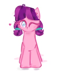 Size: 936x1110 | Tagged: safe, artist:darlingadele, earth pony, female, filly, foal, front view, g4, hair tie, heart, imported from derpibooru, lily longsocks, one eye closed, one eye open, pony, simple background, solo, white background, wink