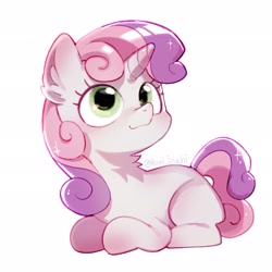 Size: 2048x2048 | Tagged: safe, artist:izuchi, sweetie belle, cute, diasweetes, female, filly, foal, g4, horn, implied big macintosh, imported from derpibooru, izuchi is trying to murder us, looking up, lying down, neck fluff, pony, ponyloaf, prone, simple background, solo, tail, turned head, unicorn, white background