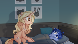 Size: 1920x1080 | Tagged: safe, artist:limedazzle, oc, oc:james, oc:lena, bed, colt, duo, duo male and female, eye clipping through hair, female, foal, frown, goat, goat pony, horn, horns, imported from derpibooru, in bed, indoors, jewelry, lying down, male, mare, necklace, oc only, pearl necklace, pony, quadrupedal, sitting, smiling, unicorn