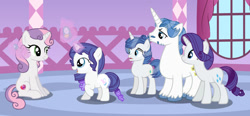 Size: 1280x596 | Tagged: safe, artist:nasirudeen, rarity, sweetie belle, oc, oc:divine, colt, fancypants, female, filly, foal, g4, horn, imported from derpibooru, indoors, male, mare, offspring, older, older sweetie belle, parent:fancypants, parent:rarity, parents:raripants, pony, ship:raripants, shipping, stallion, straight, teenager, unicorn