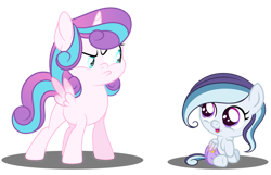 Size: 749x481 | Tagged: safe, artist:cinnibunii, princess flurry heart, oc, oc:harmonic heartbeat, alicorn, baby, baby pony, female, filly, filly flurry heart, foal, g4, imported from derpibooru, offspring, parent:princess cadance, parent:shining armor, parents:shiningcadance, pegasus, pony, siblings, sisters