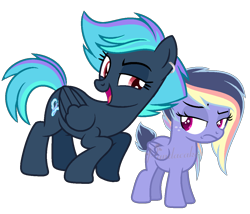 Size: 1179x1007 | Tagged: safe, artist:cinnibunii, oc, oc:rainboom, oc:tidal wave, female, filly, foal, imported from derpibooru, mare, offspring, parent:rainbow dash, parent:soarin', parents:soarindash, pegasus, pony, siblings, sisters