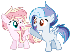 Size: 940x700 | Tagged: safe, artist:cinnibunii, oc, oc:stormy skies, oc:willow orchid, female, filly, foal, imported from derpibooru, magical lesbian spawn, offspring, parent:fluttershy, parent:lightning dust, parent:rainbow dash, parent:soarin', parents:flutterdust, parents:soarindash, pegasus, pony