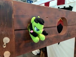 Size: 3264x2448 | Tagged: safe, artist:cleverscreenname, oc, oc:filly anon, angry, earth pony, female, filly, foal, frog (hoof), hoof heart, imported from derpibooru, irl, oc only, photo, plushie, pony, solo, source needed, stocks, underhoof