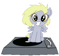 Size: 508x486 | Tagged: safe, artist:superponytime, 2012, alternate hairstyle, animated, big grin, cute, derpabetes, derpy hooves, female, filly, filly derpy hooves, foal, g4, gif, grin, imported from derpibooru, pegasus, pony, record player, simple background, smiling, solo, spinning, spread wings, transparent background, turntable, turntable pony, wings, you spin me right round, younger