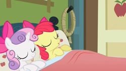 Size: 1280x720 | Tagged: safe, editor:ebotizer, apple bloom, sweetie belle, apple family reunion, bed, duo, duo female, earth pony, edit, edited screencap, female, filly, foal, g4, horn, imported from derpibooru, in bed, indoors, my little pony: friendship is magic, pony, screencap, somepony to watch over me, unicorn