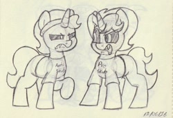 Size: 1302x890 | Tagged: safe, artist:unitxxvii, oc, oc:dyx, oc:nyx, alicorn, clothes, duo, duo female, female, filly, foal, frown, imported from derpibooru, looking at each other, looking at someone, narrowed eyes, oc only, pen drawing, pony, shirt, siblings, sisters, traditional art, wingless, wingless alicorn